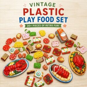Vintage Plastic Play Food Set 30+ Pieces, Retro Pretend Kitchen Toys, 70s
